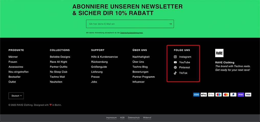 Social Media Links im Footer